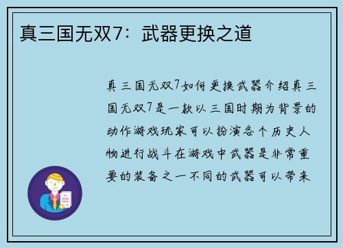 真三国无双7：武器更换之道